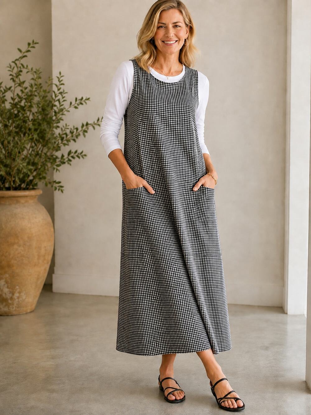 Christopher & Banks VTG SZ XL Black White Gingham Maxi Dress Minimalist Modest
